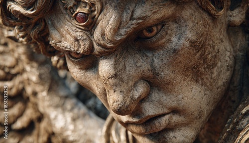 Ancient Stone Guardian: An intimate portrayal of a weathered stone sculpture, evoking a sense of ancient history and formidable presence. Revealing intricate detail and commanding essence.