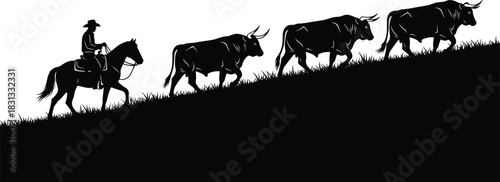 Rural silhouette vector, person riding horse, leading oxen uphill, traditional farming, livestock movement, countryside scene, black and white illustration