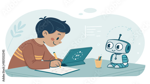 Young boy solving math problems on a tablet with a robot