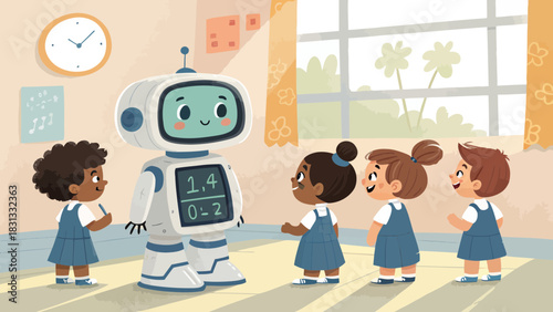 Cartoon robot teaching young children in a school classroom