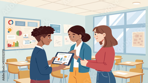 Three students discussing a project with a tablet in a classroom