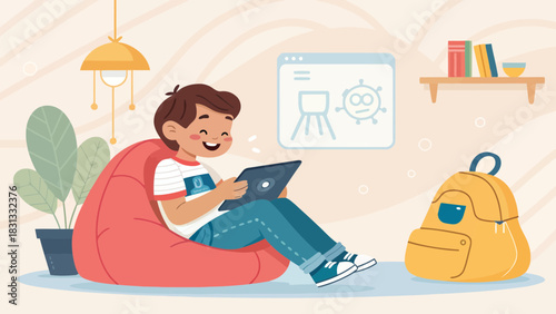 Cheerful child using tablet with AI chatbot software