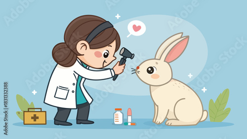 Cartoon veterinarian examining a cute white rabbit with care