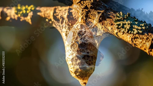 Caterpillar transforming into moth on branch in golden light