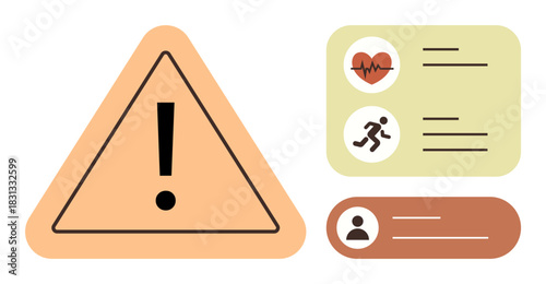 Exclamation mark in triangle alongside cards for heart rate, fitness activity, and user info. Ideal for health alerts, medical monitoring, fitness tracking, risk management, user identity, safety
