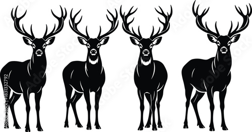 Set of Four Majestic Deer or Stag Black Vector Silhouettes Standing Front View, Featuring Large Antlers and Detailed Wildlife Anatomy, Ideal for Hunting, Nature, and Holiday Designs, Editable.