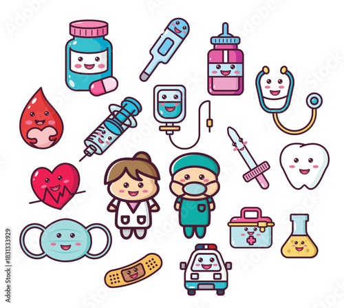 Cartoon doctor with medical equipment kawaii doodle illustration