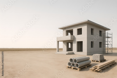 Modern House Under Construction with Building Materials