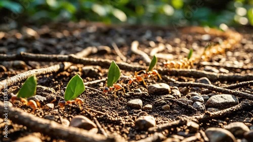 Leaf cutter ants carrying leaves into underground nest mound