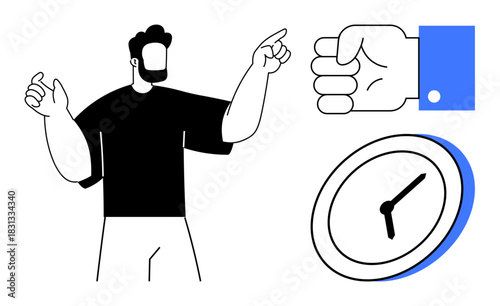 Person gesturing near a clock and wrist action symbolizing urgency, planning, or time awareness. Ideal for scheduling, teamwork, productivity, deadline, time tracking, prioritization simple flat