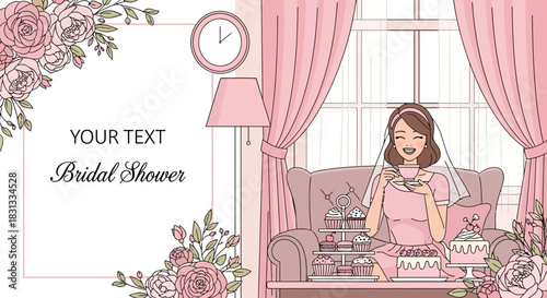 Elegant bridal shower illustration with pink floral accents and tea party theme