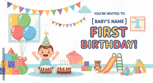 Delightful first birthday celebration with cute cartoon character and decorations