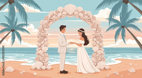 Romantic tropical beach wedding ceremony with seashell archway illustration