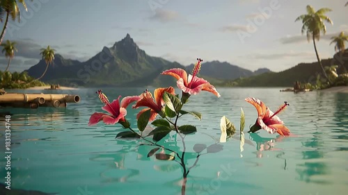 Colorful hibiscus flowers underwater blooming in the waves with bamboo and palm trees clear tranquil water on a tropical island at sunset video 