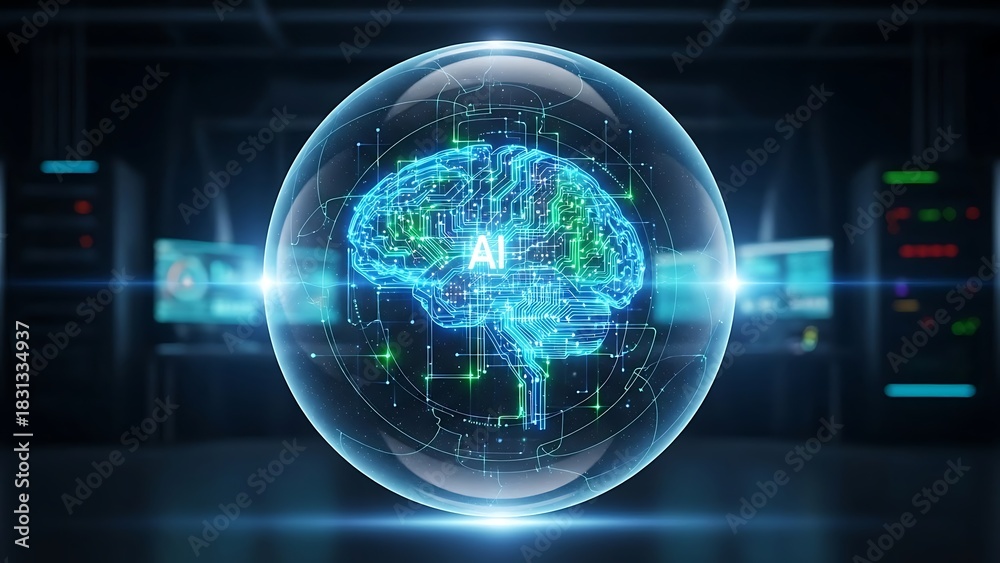 Fototapeta premium Futuristic artificial intelligence brain inside a glowing sphere
