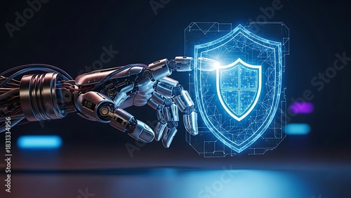Robot hand touching glowing digital shield for cyber security