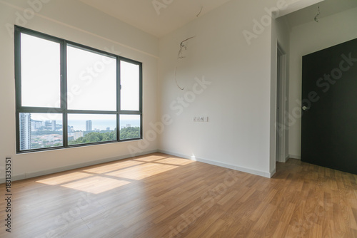 Wallpaper Mural Empty Condominium Bedroom With Wooden Floor And City View Torontodigital.ca