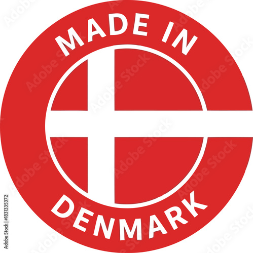 Round made in denmark flag sticker emblem symbol origin country europe national identity nordic scandinavia vector
