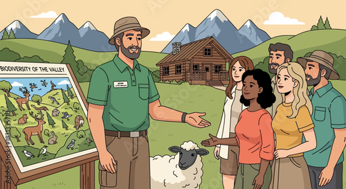 Nature guide explaining local biodiversity to a group in a valley landscape