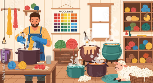 Illustrative depiction of a craftsman dyeing wool yarn in a cozy workshop setting