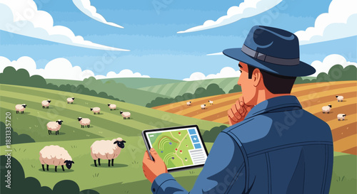 Smart farming with tablet, modern technology for sheep breeding on the meadow