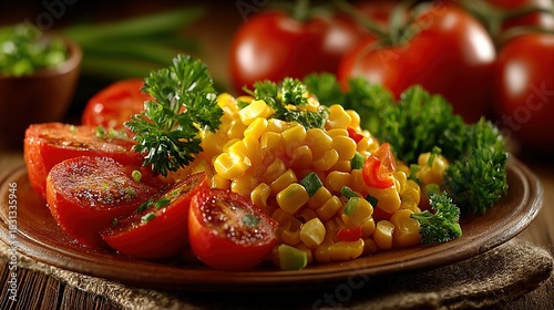 Plate with corn salad tomatoes and parsley on a wooden surface.