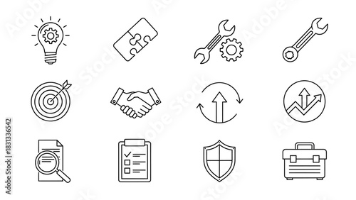 Set of vector icons of solutions for web design isolated on white background.