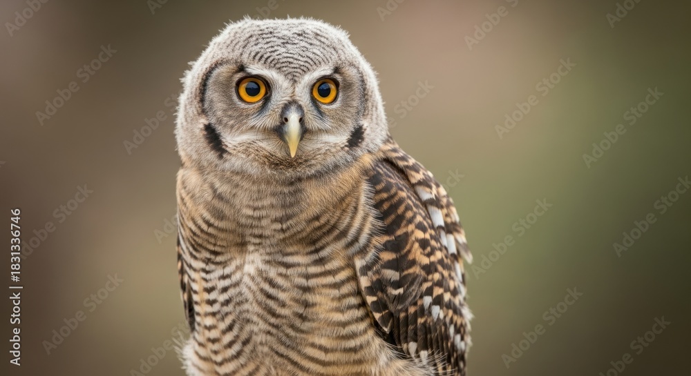 Fototapeta premium Close-up Portrait of a Young Owl with Piercing Eyes and Detailed Fluffy Plumage in a Soft Natural Setting