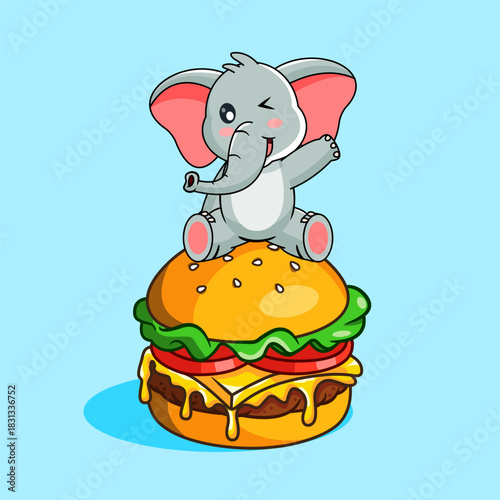 Cute Elephant Sitting on Giant Hamburger Vector Illustration Cartoon Kawaii Design