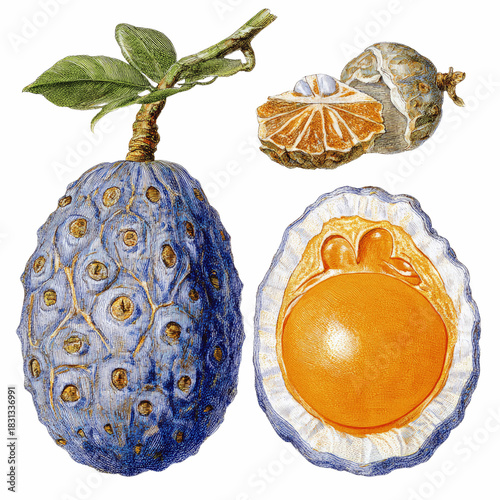 Botanical illustration of a fruit with leaves and cross-sections