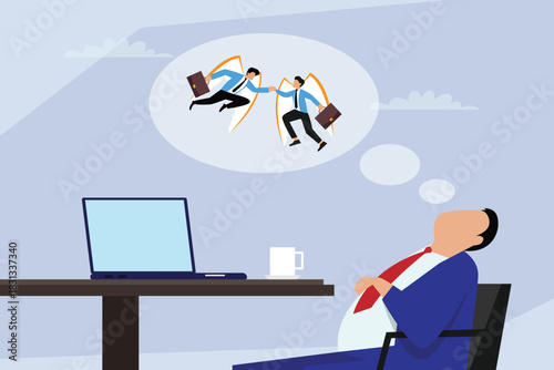 Businessman Dreaming of Collaboration and Partnership as Winged Angels 2d flat vector illustration