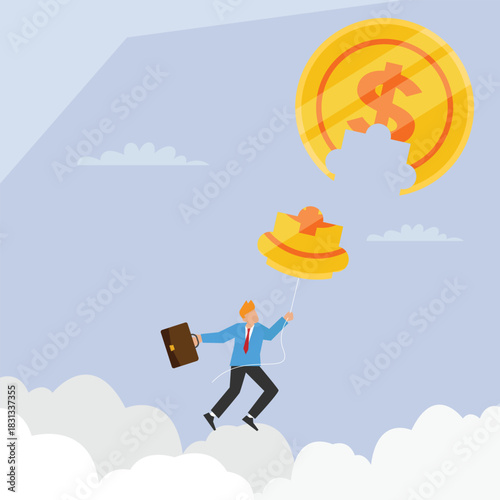 Businessman Lifted by Dollar Coin Balloon with Hole Losing Money - Financial Risk and Loss Concept 2d flat vector illustration
