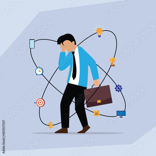 Stressed Businessman with Overwhelming Tasks Orbiting Concept - Multitasking and Burnout 2d flat vector illustration