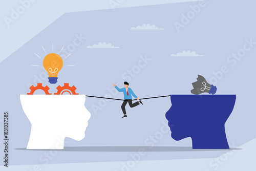 Businessman on Tightrope Bridging Creative Mind with Bright Idea to Blocked Mind 2d flat vector illustration