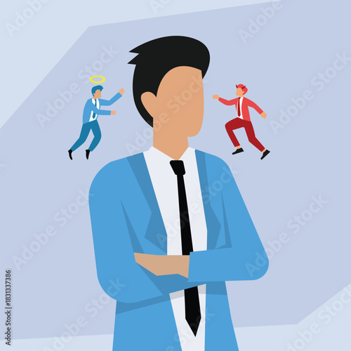 Businessman Facing Ethical Dilemma with Good Angel and Bad Devil Influences 2d flat vector illustration