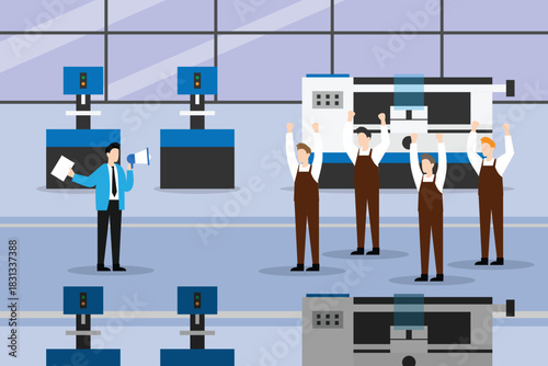 Factory Manager with Megaphone Motivating Cheering Workers in Manufacturing Plant 2d flat vector illustration