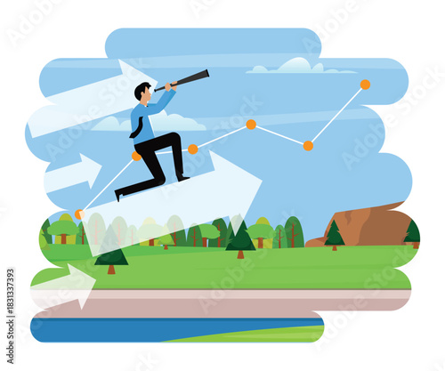 Businessman Riding Upward Arrow and Looking Through Telescope at Future Business Trends 2d flat vector illustration