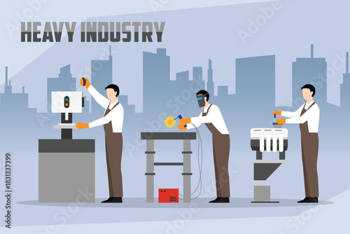 Heavy Industry Manufacturing Workers Operating Machinery and Welding in Factory 2d flat vector illustration