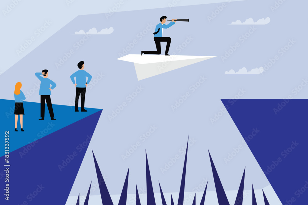 Fototapeta premium Visionary Leadership and Future Strategy: Paper Plane Over Chasm 2d flat vector illustration