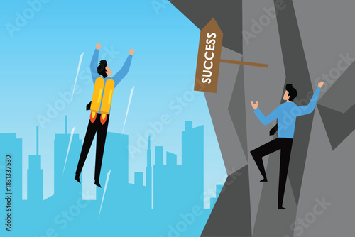 Innovation vs. Hard Work: Jetpack Shortcut to Success 2d flat vector illustration