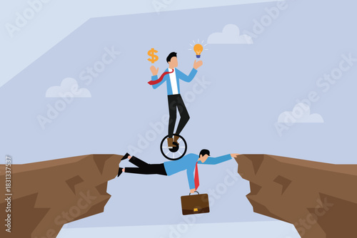Balancing Business Risk and Strategy: Bridge Over a Cliff 2d flat vector illustration