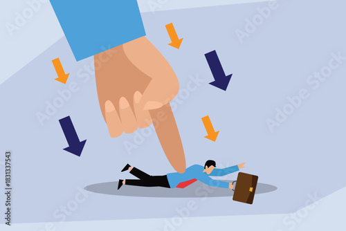 Business Pressure and Failure: Giant Hand Pushing Down Businessman 2d flat vector illustration