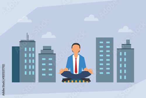 Businessman Meditating in Lotus Position Above City Skyline Stress Management Concept 2d flat vector illustration