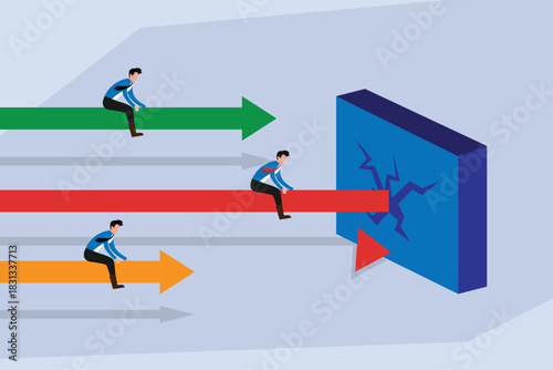 Businessmen Riding Arrows Hitting Cracked Wall Obstacle - Barrier and Breakthrough Concept 2d flat vector illustration