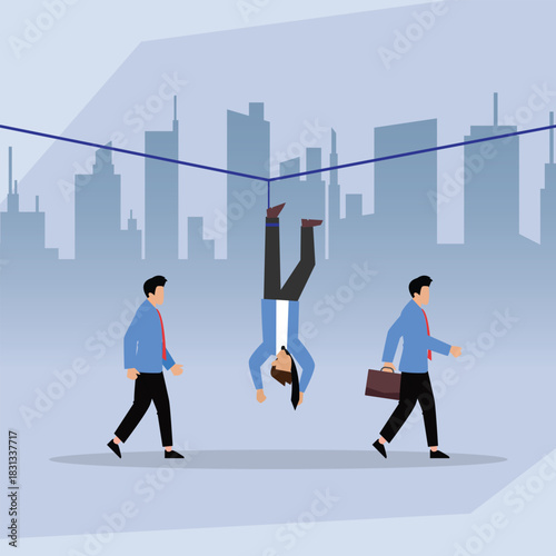Businessman Upside Down on Tightrope Over City Skyline Representing Challenge and Risk in Business 2d flat vector illustration