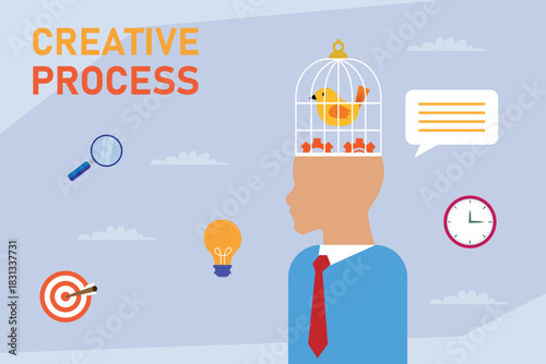 Creative Process Concept with Bird in Cage Inside Head Symbolizing Blocked Creativity 2d flat vector illustration