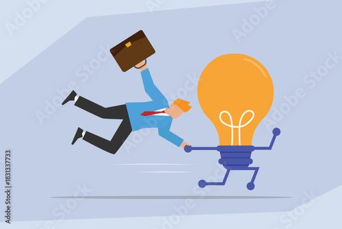 Businessman Chasing Running Light Bulb - The Pursuit of Idea and Innovation Concept 2d flat vector illustration
