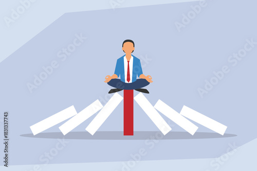 Calm Businessman Meditating on Red Domino Preventing Chain Reaction and Crisis 2d flat vector illustration
