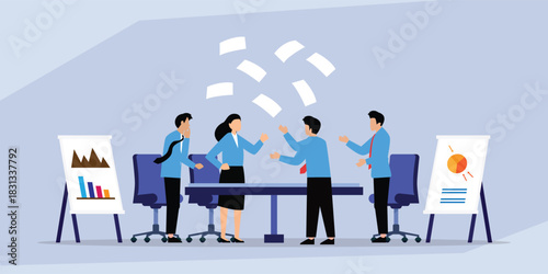 Business Team Arguing and Tossing Papers in a Frustrated Corporate Board Meeting 2d flat vector illustration