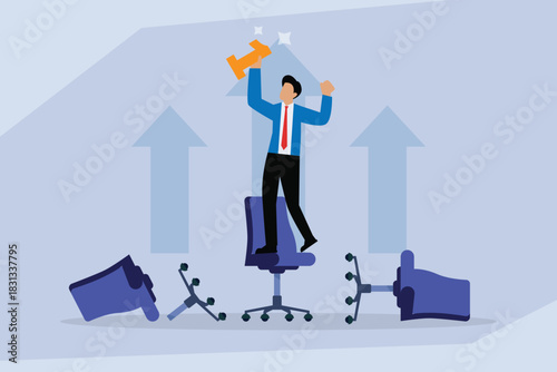 Businessman Standing on Office Chair Holding Trophy Celebrating Success Over Broken Chairs 2d flat vector illustration
